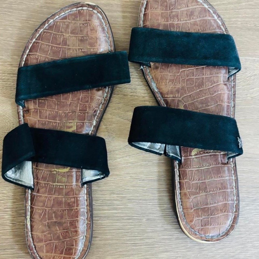 Sam Edelman Womens Size 8 Black Suede Double Strap Croc Embossed Slide Sandals
